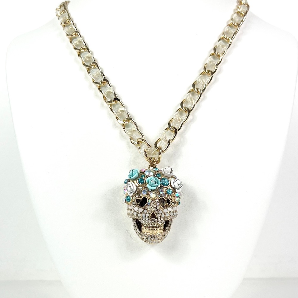 Betsey Johnson Sugar Skull Ribbon Necklace NWT